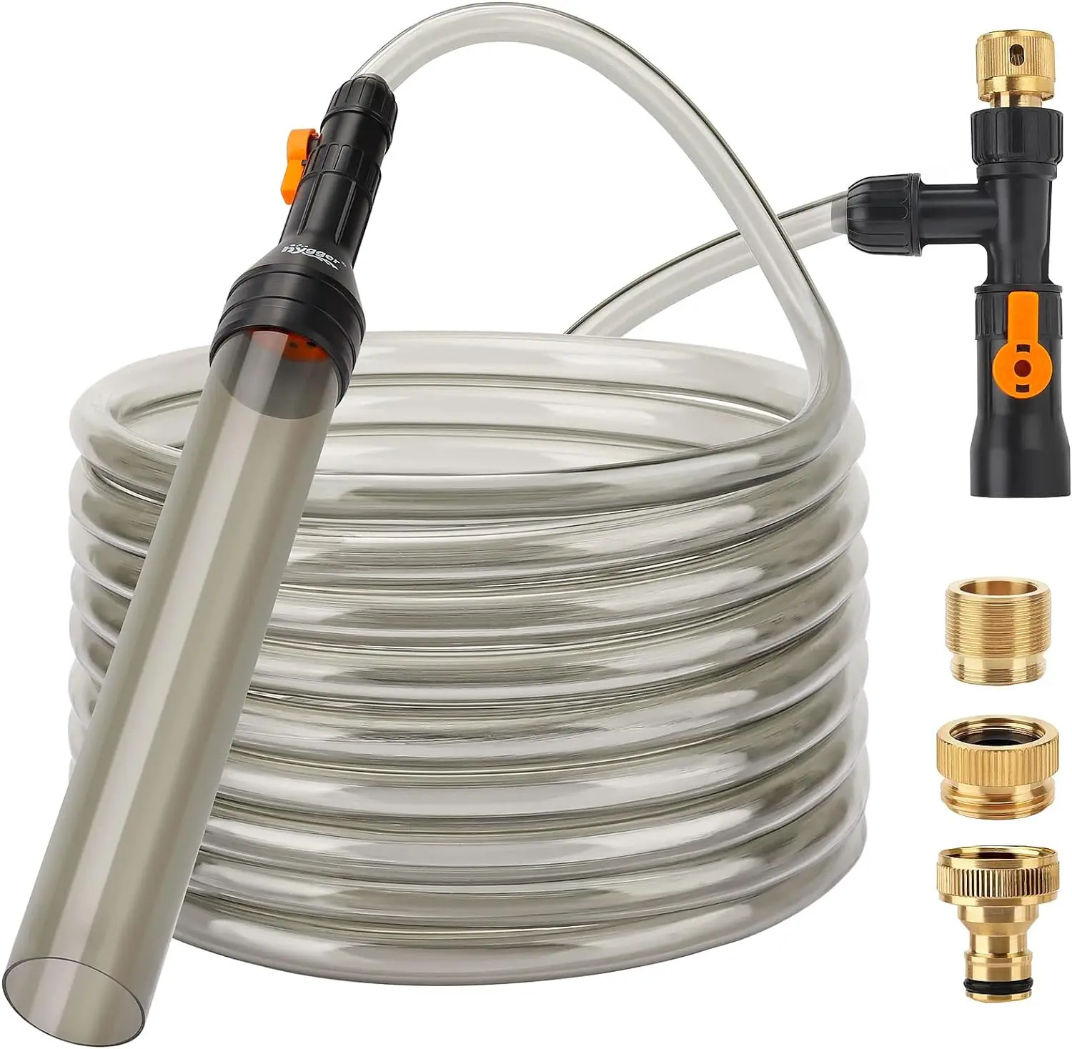 hygger Bucket-Free Fish Tank Vacuum Siphon Gravel Cleaner, Mess-Free Aquarium Cleaning Tool with Metal Brass Connector, Long Drain & Fill Hose (25FT/33FT/49FT)