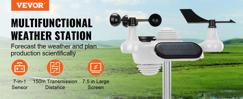 VEVOR 7-in-1 Wireless Weather Station, TikTokShopBlackFriday, 7.5 in Large Color Display, Digital Home Weather Station Indoor Outdoor, for Temperature Humidity Wind Speed/Direction Rain UV, with Forecast Data, Alarm, Alerts