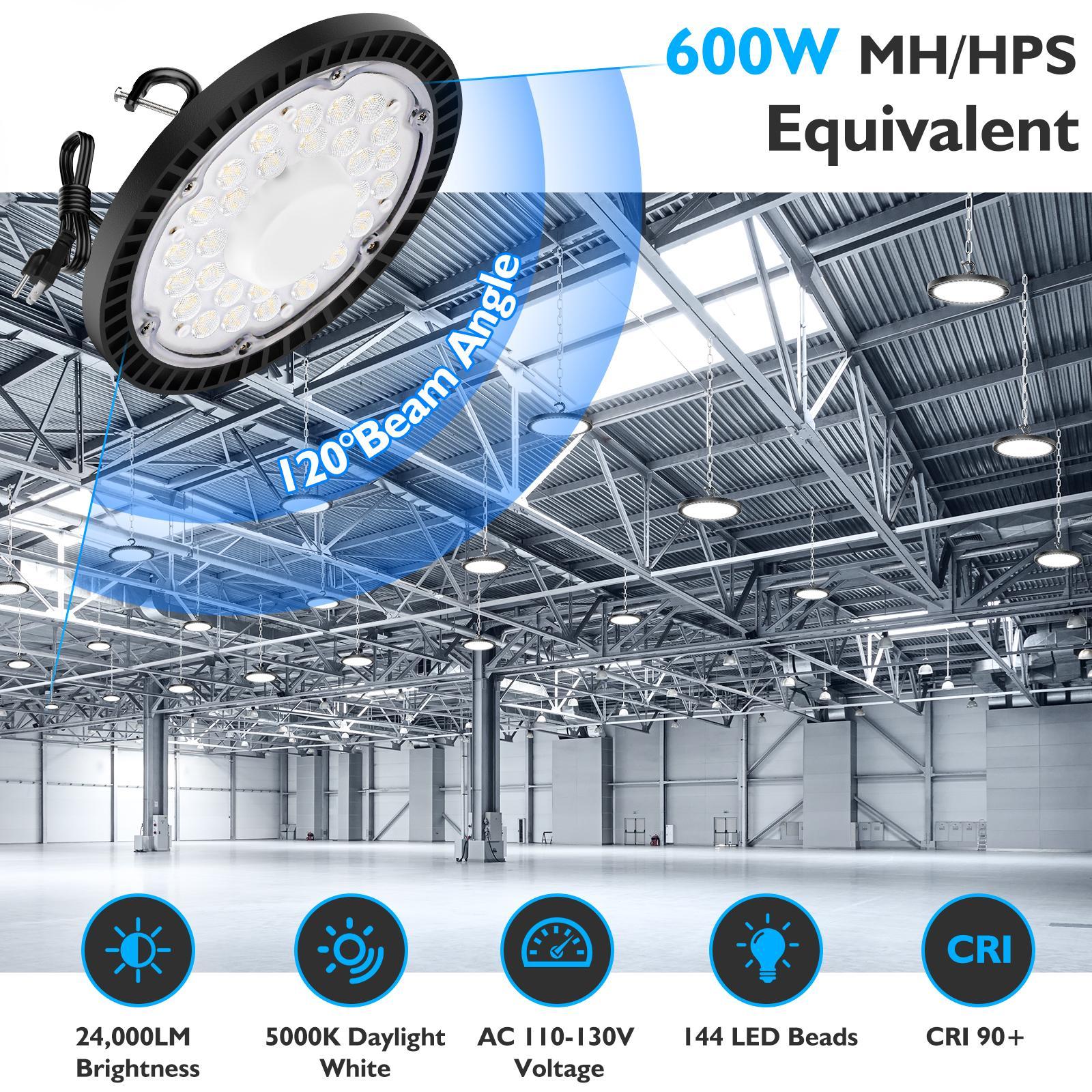 24000LM UFO LED High Bay Lights Set of 2, 150W LED Shop Lights, 600W MH/HPS Equivalent Warehouse Lights 5000K, Waterproof Industrial Commercial Lighting Fixtures for Workshop Barn Garage, Non-dimmable