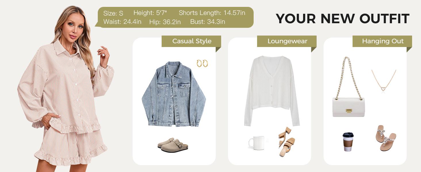 Fisoew Womens Stripe 2 Piece Lounge Sets Button Down Ruffle Shirts Shorts Sets Casual Oversized Pajama Sets Loungewear Fisoew Womens Stripe 2 Piece Lounge Sets Button Down Ruffle Shirts Shorts Sets Casual Oversized Pajama Sets Loungewear