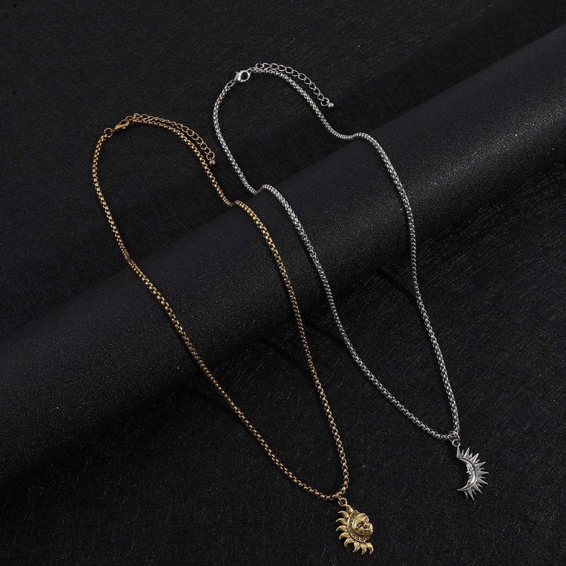 KISSFOO Sun and Moon Asymmetrical Couple Necklace Set Anniversary Accessories Gift for Him and Her
