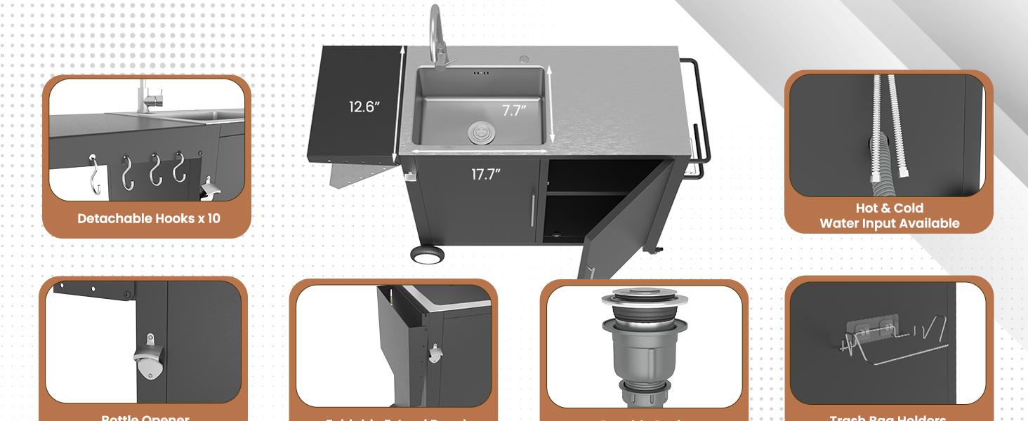 [New Product] AECOJOY Outdoor Kitchen Sink with Hose Hook Up Stainless Steel Grill Prep Table Rolling Pizza Oven Stand BBQ Table for Garden Backyard Lawn Heavy-Duty Commercial-Grade Construction Smart Multi-Functional Adjustable Accent Storage Cabinet