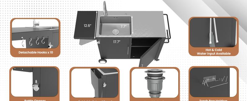 [New Product] AECOJOY Outdoor Kitchen Sink with Hose Hook Up Stainless Steel Grill Prep Table Rolling Pizza Oven Stand BBQ Table for Garden Backyard Lawn Heavy-Duty Commercial-Grade Construction Smart Multi-Functional Adjustable Accent Storage Cabinet