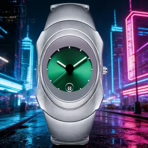 Men's Creative Analog Quartz Watch Unique Irregular Case Design with Green Sunburst Dial Date Display Silver Stainless Steel Band Luxury Business Casual Wristwatch