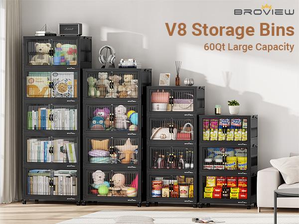 Broview V8 180Qt/240Qt/300Qt Stackable Storage Bins with Lid, Each 60Qt Stackable Storage Bin with Lid, Closet Organizer and Storage Drawer, Collapsible Storage Box with Wheels, Plastic Clothes Storage Cabinet Containers for Home Organization