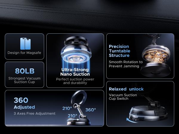 UGREEN Car Phone Mount for MagSafe [22xN55 & 80 LBS] Magnetic Phone Holder Vacuum Suction with 360°Rotatable Dashboard Windshield Compatible with iPhone 17 16 15 14 13 12 Plus Pro Max Series