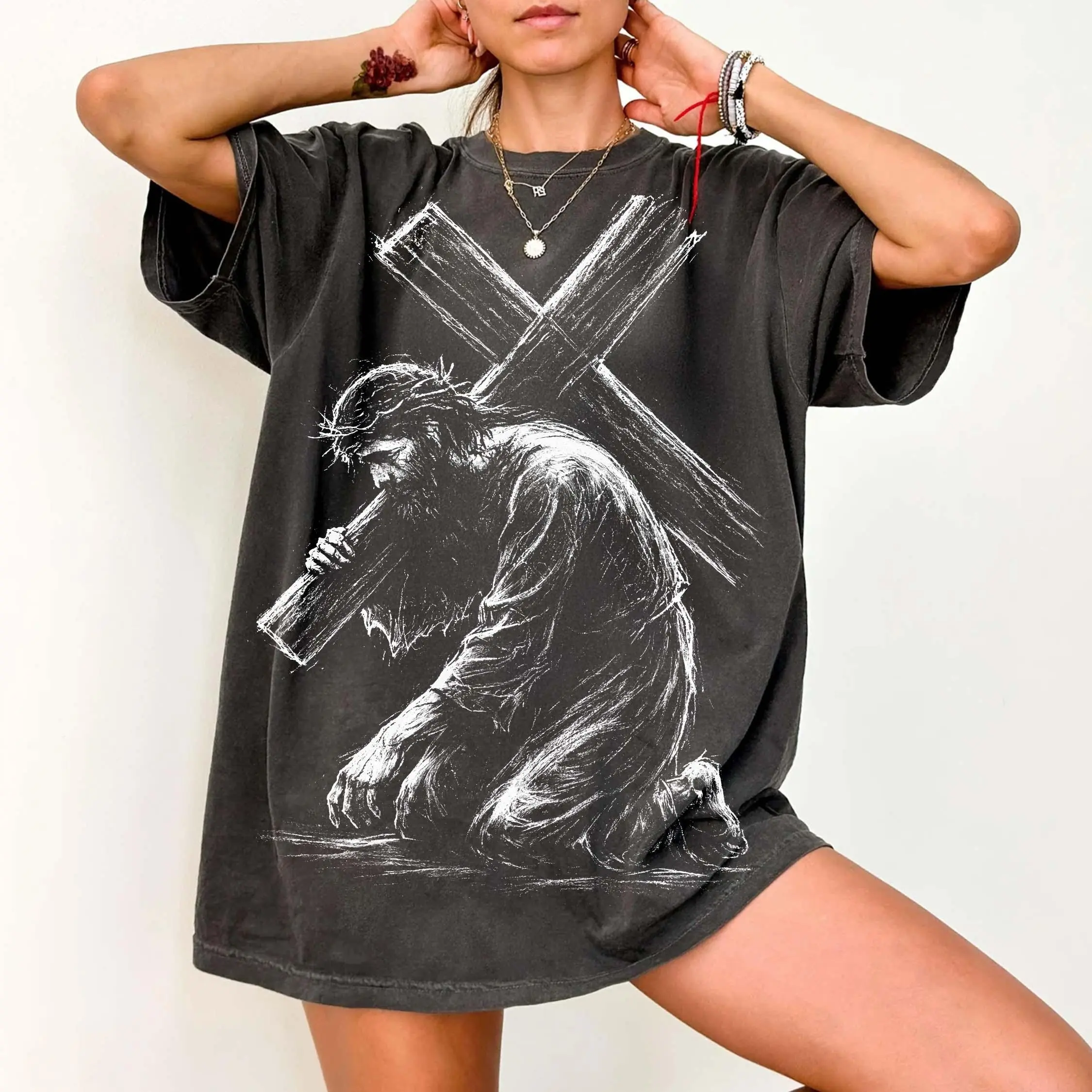 Comfort Colors Jesus Carrying Cross Tee, Christian Faith Charcoal Sketch Tshirt, Vintage Religious Shirt, Easter Jesus Design Womens Tshirt, Faith Based Graphic Tee, Christian Gift Shirt, Religious Easter Tshirt