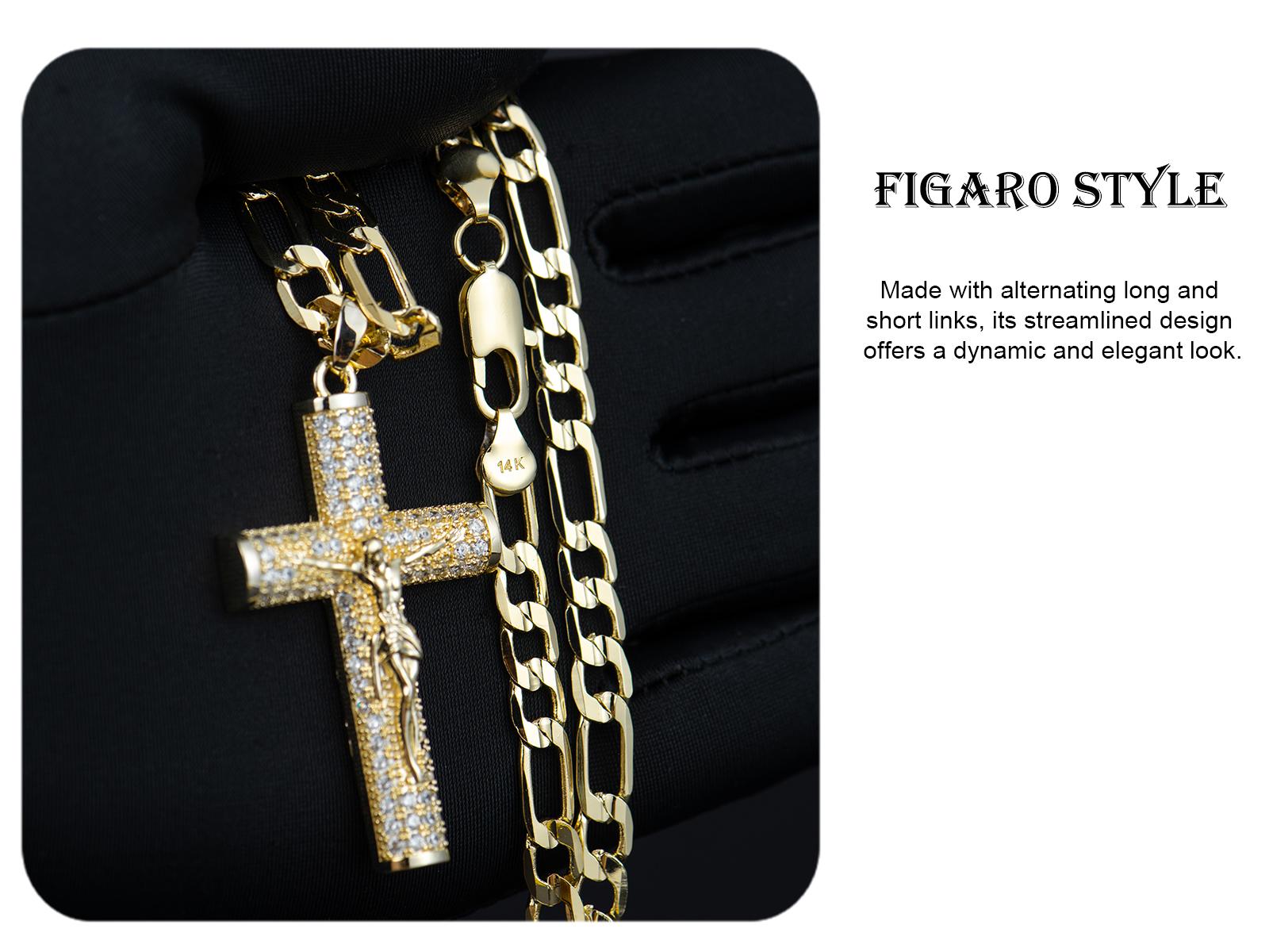 Holylegend 14k Real Gold-Plated Cuban , Figaro, Miami Cross with Jesus Christ Crucifix,24 inches Long and 6mm Wide,Handcrafted Polishing and Multiple Electroplating Daily Wear Necklace