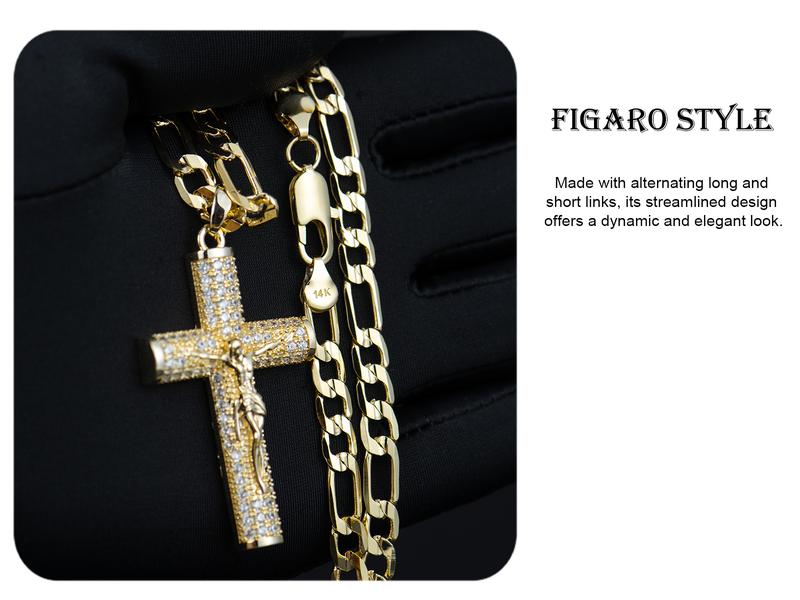 Holylegend 14k Real Gold-Plated Cuban , Figaro, Miami Cross with Jesus Christ Crucifix,24 inches Long and 6mm Wide,Handcrafted Polishing and Multiple Electroplating Daily Wear Necklace