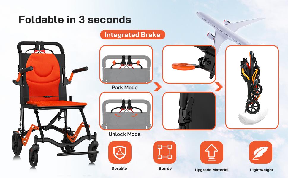 【GARVEE】Portable Lightweight Folding Transport Chair with Locking Handbrake, Removable Flip Armrests, Aluminum Alloy Frame, Swinging Footrests, Supports 220 lbs, Ideal for Indoor & Outdoor Use