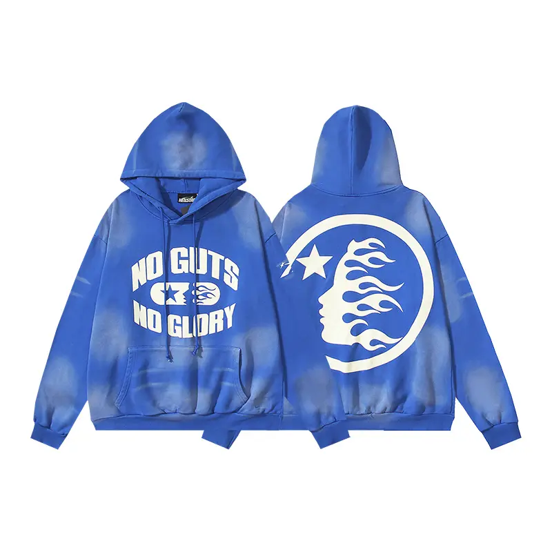 2026 HELLSTAR Certified Professional Y2K Premium Washed Blue Pullover Hoodie No Guts No Glory Circle Flame Graphic Mens Standard Fit