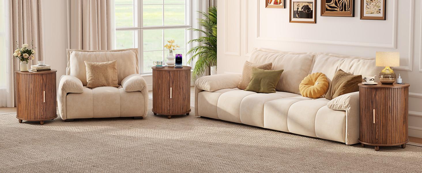 Giratree Fluted Round End Table with Charging Station, Farmhouse Small Sofa Side Table with Sliding Tambour Door & Storage, Mid-Century Wood Fulted Nightstands for Living Room, Bedroom