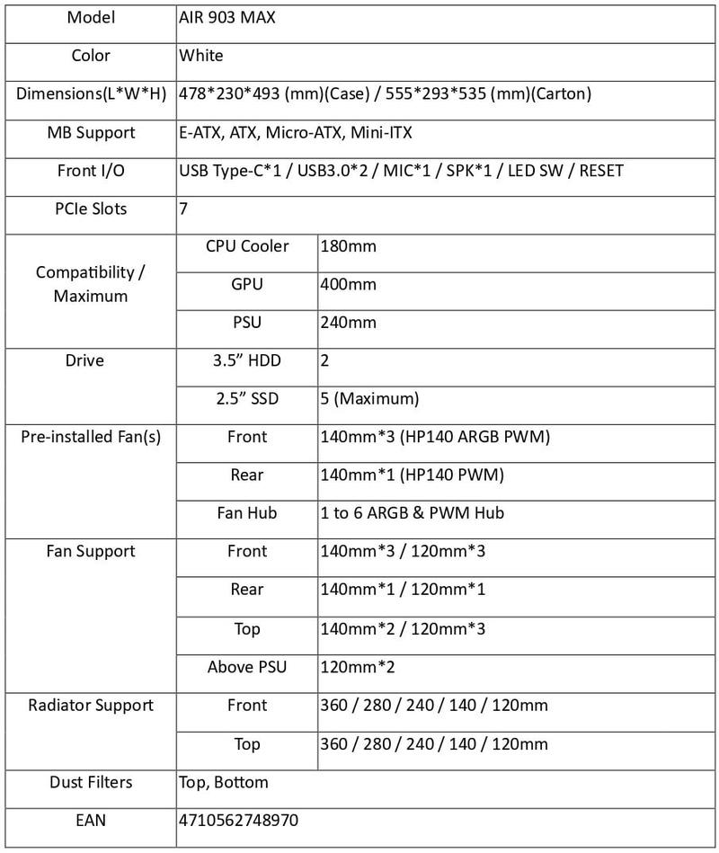 Montech AIR 903 MAX, E-ATX Mid Tower Case, High Airflow, 3x 140mm ARGB PWM & 1x 140mm PWM Fans Pre-installed, Tempered Glass Side Panel, Mesh Front, TYPE-C, Support 4090 GPUs, White