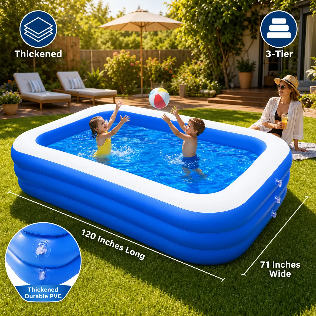 Rectangular Blow up Pool for Backyard, 120"x72"x22" Large PVC Inflatable Swimming Pool for Adults, Portable Outdoor Stuff for Family Summer Parties, Portable Swimming Pool