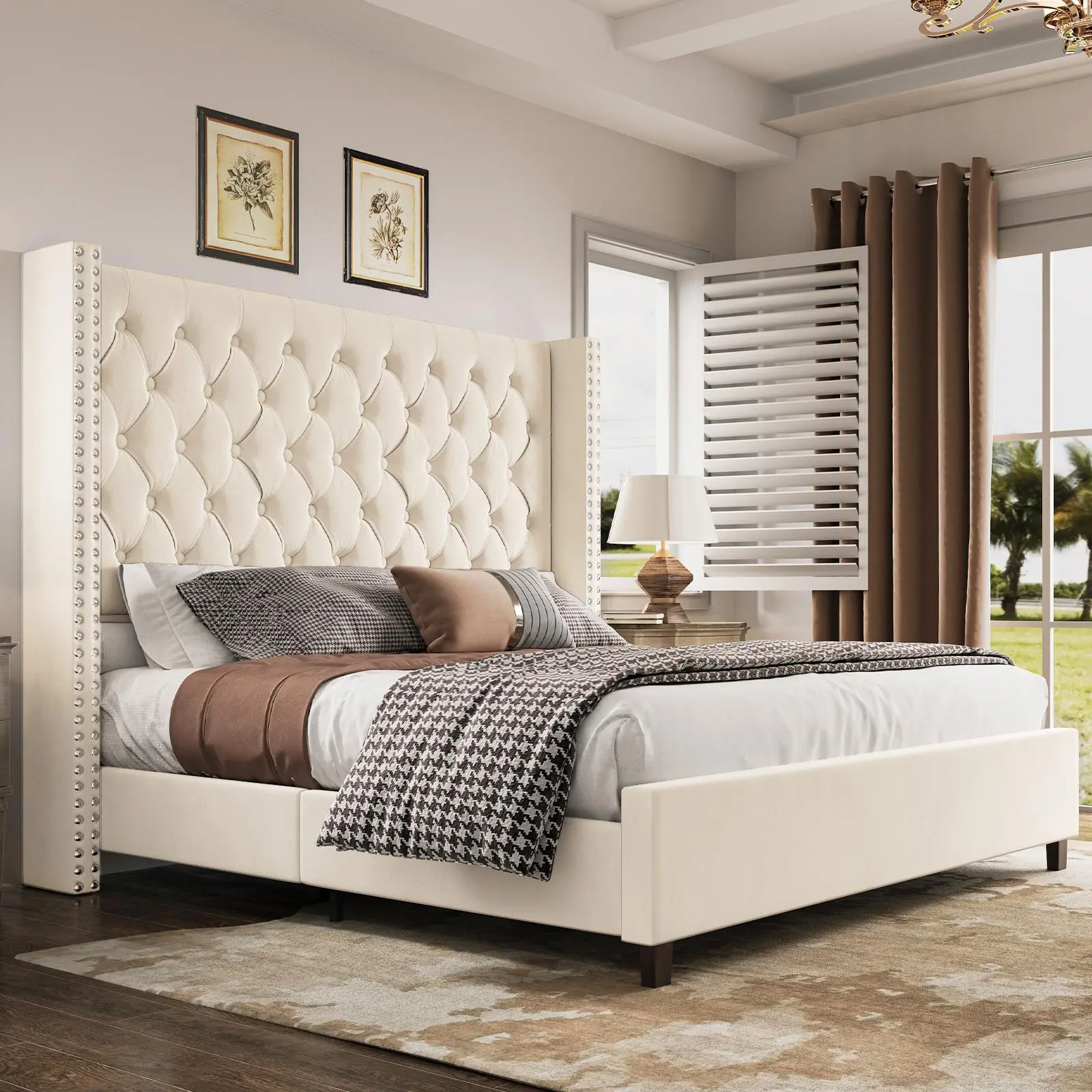AMERLIFE 61.4" Tall Bed Frame, Modern Upholstered Bed, Wingback Headboard, Velvet Tufted Handcrafted Pleat Deep Button/Comfort Luxury Design/Interior Wood Slats/No Box Spring Needed, Queen/King Size/Christmas Gifts[tiktokshopbacktoschool][SohoChic]