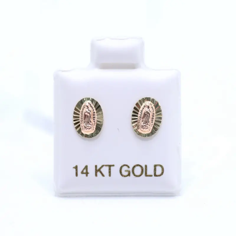 14KT Gold Virgen De Guadalupe Oval 2 Tone Screw Back Ball Earrings - Small Pair Perfect for Women or Children