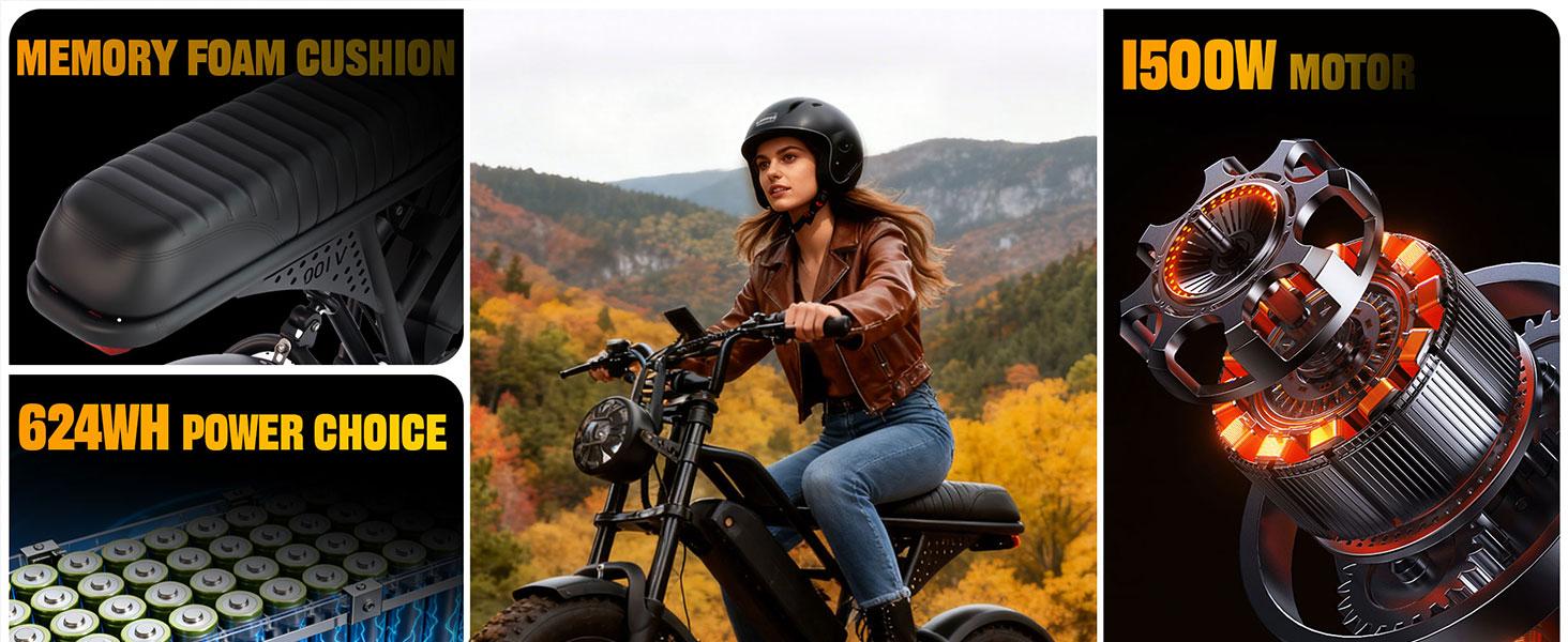 ESKUTE V100 Electric Bike 1500W Peak Power All Terrain Dual Suspension E Bike 28 MPH Top Speed 48V 13Ah Battery 60 Miles Range 16x4.0 Fat Tires LED Headlights