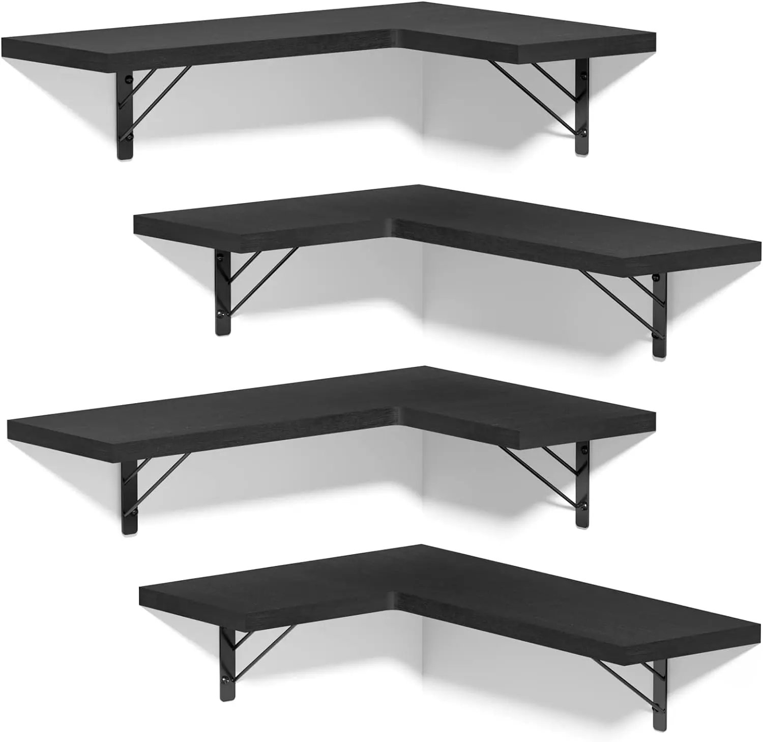 Set of 4 Corner Shelves Wall Mounted for Storage, Rustic Wood Hanging Shelves for Display, Bathroom Kitchen Bedroom Living Room, Black - Decor, Wooden