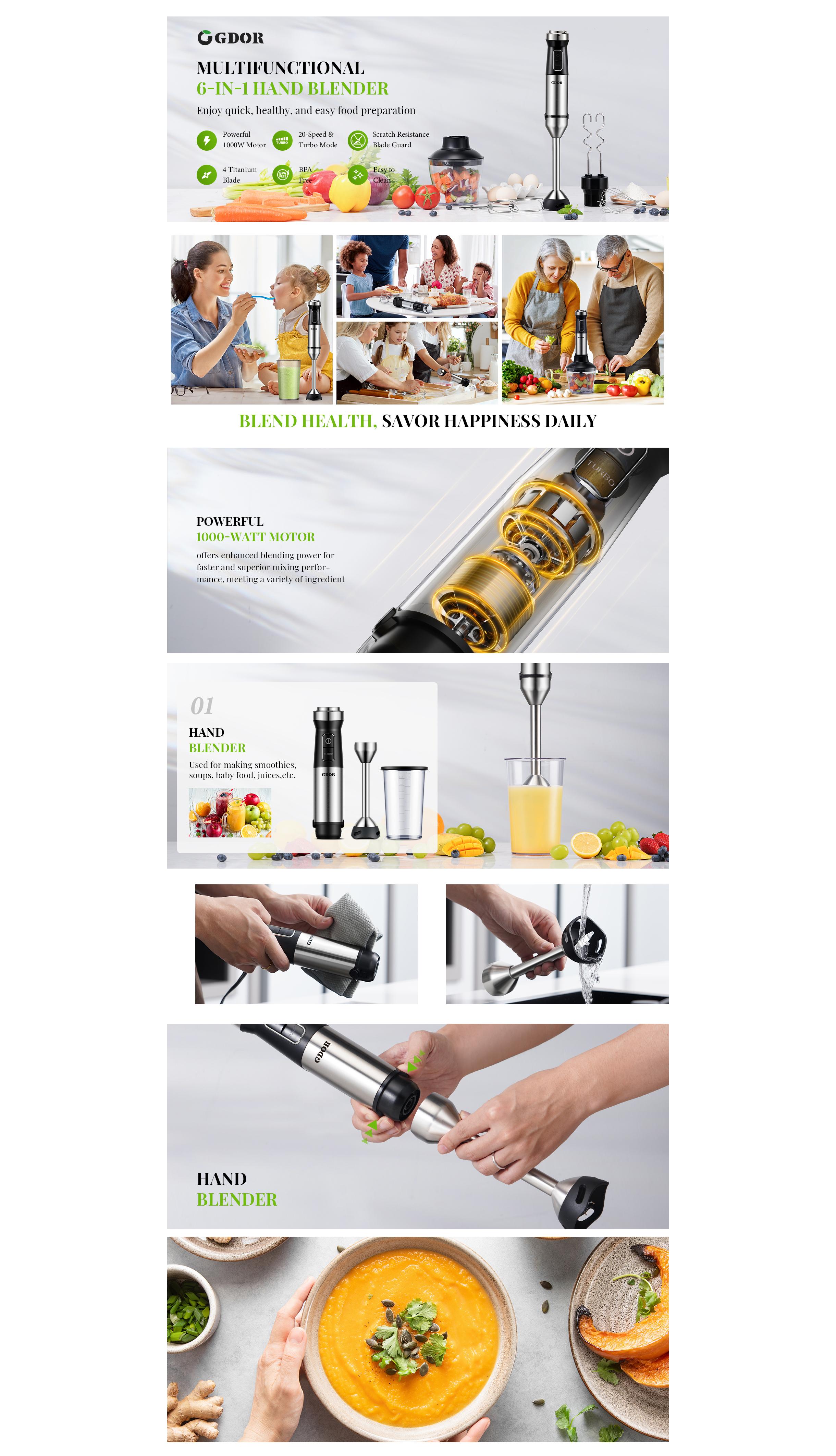 GDOR 1000W Immersion Hand Scratch Resistance Blender with 20 Speed & Turbo Mode, Dough Hooks, Beaker, Chopper & Titanium Blades, Portable Design