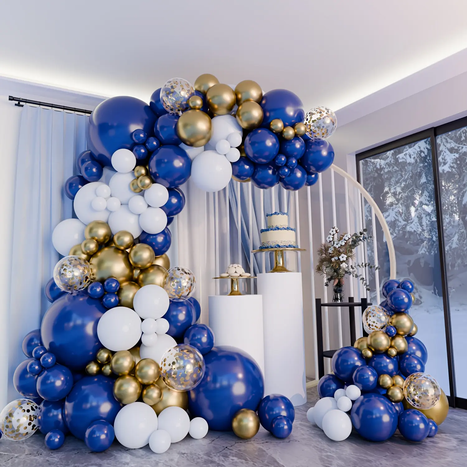 108-Piece Navy Blue, White, Golden Round Latex Balloons Carnival-Ready Set - Festive Party Supplies with Included Tool for Room Decor, Anniversary, Patchwork Events