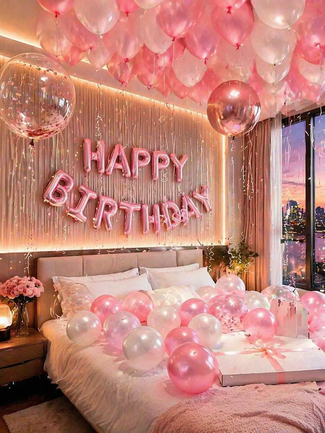 13/59PCS Pink Birthday Decorations, Happy Birthday Balloon Banner with 4D Foil Balloon & Pink Latex Balloons, Princess Birthday Party Decor Kit for Girls, Bedroom Surprise, Photo Backdrop