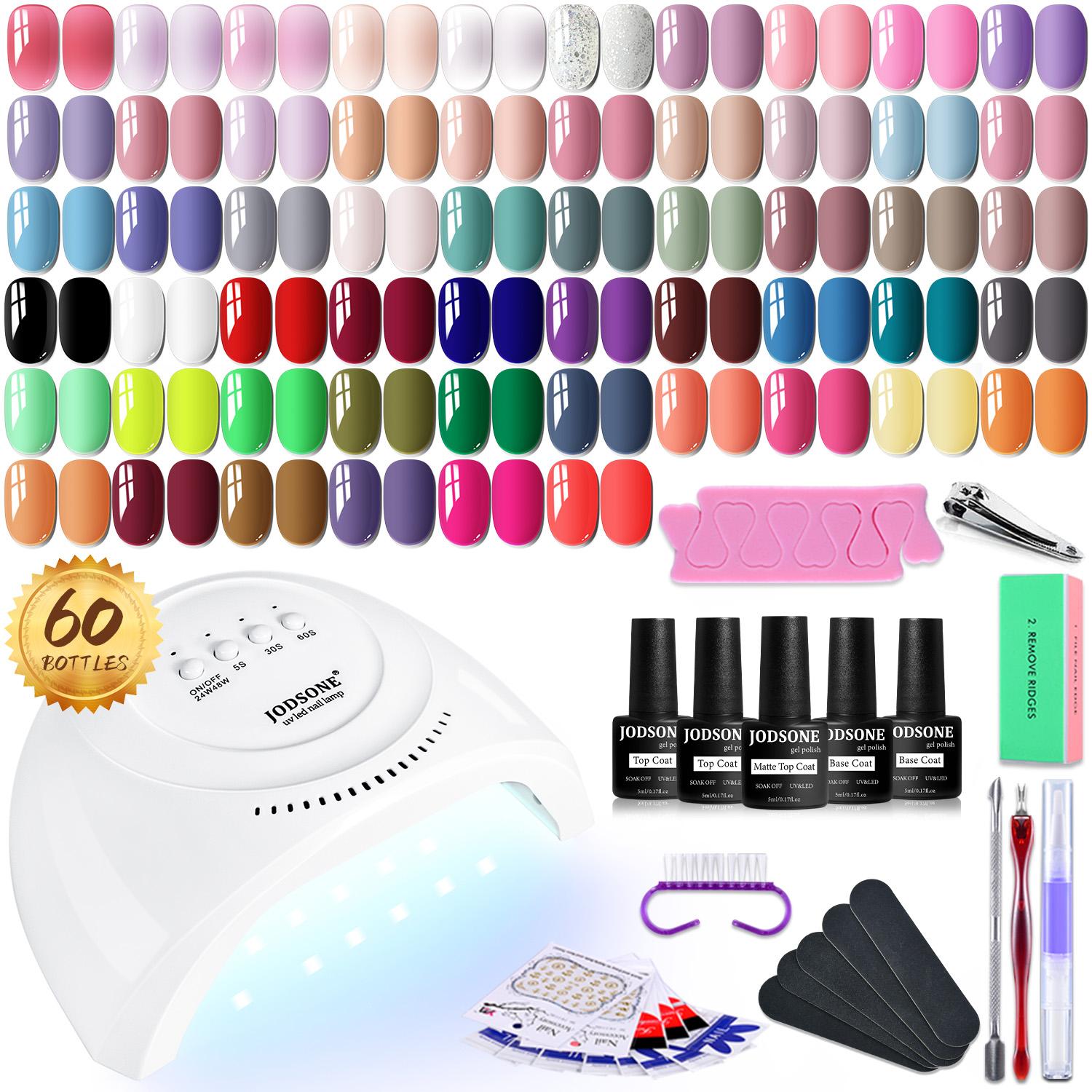 JODSONE 60 PCS Gel Nail Polish Kit with U V Light Base and Matte Glossy Top Coat Nail Gel Polish Soak off Manicure Acces