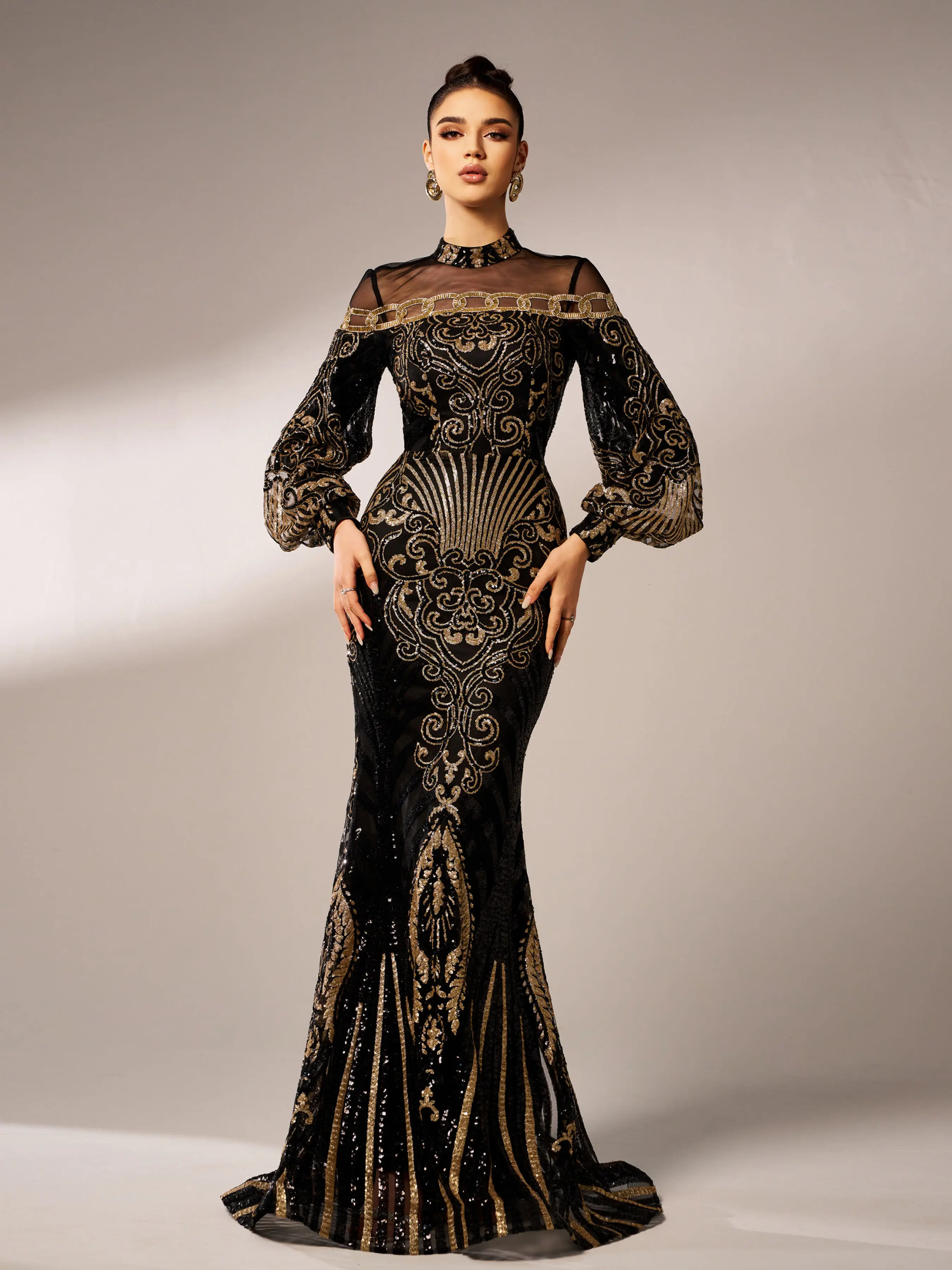 MISSORD Luxe Embroidered Ballon    DH80229 Formal Womenswear Fit  for Wedding Guest Graduation Dinner Black Floral Baroque evening maxi rehearsal dress long sleeve pram