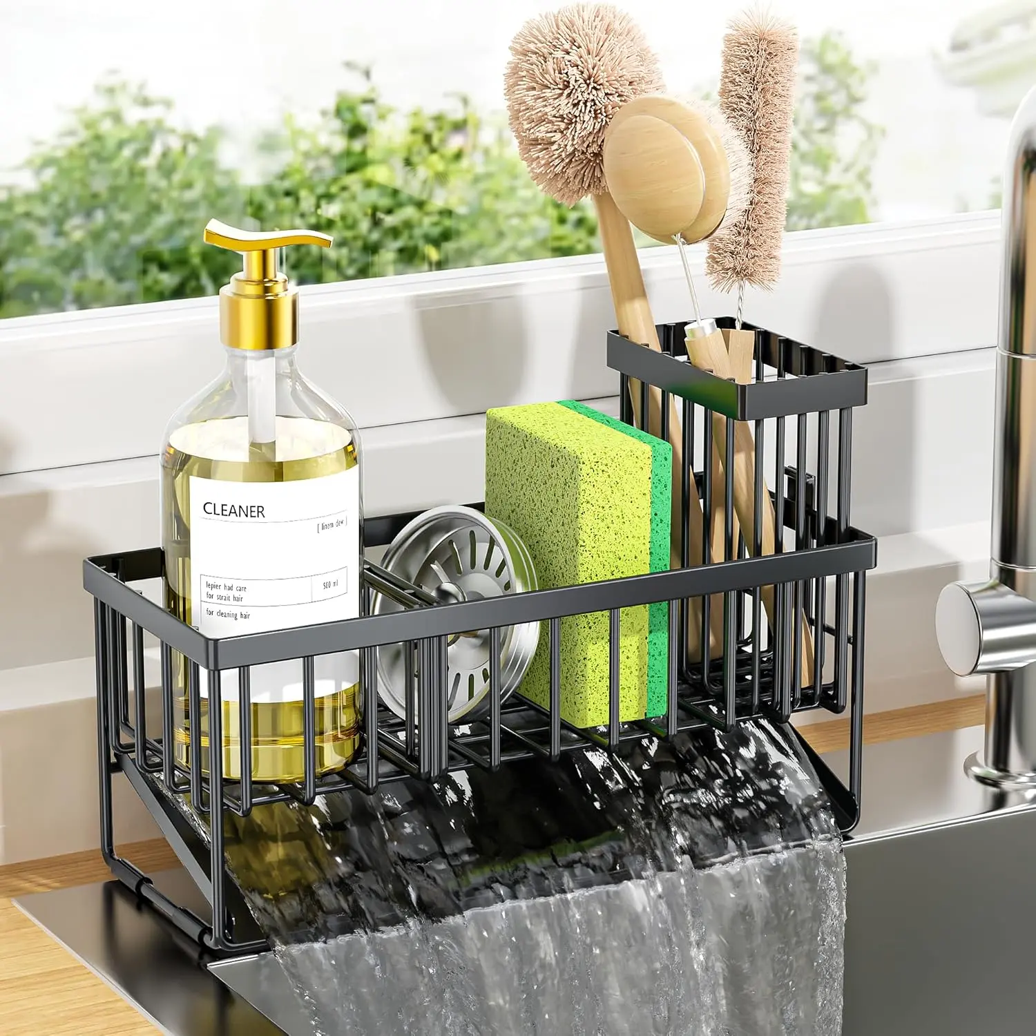 Kitchen Sink Caddy Organizer, Large Capacity Metal Sink Storage Holder with Removable Brush Holder & Divider, Drainable Sponge Soap Brush Holder for Kitchen Counter Sink Accessories