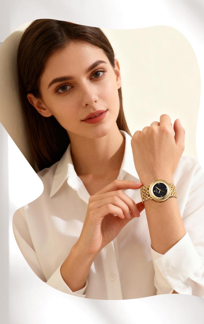 Luxury Round Bracelet Watch    Fashionable Women's Wristwatch Gold Black Dual Color Options Waterproof Free Size Adjustment Suitable for Daily Wear