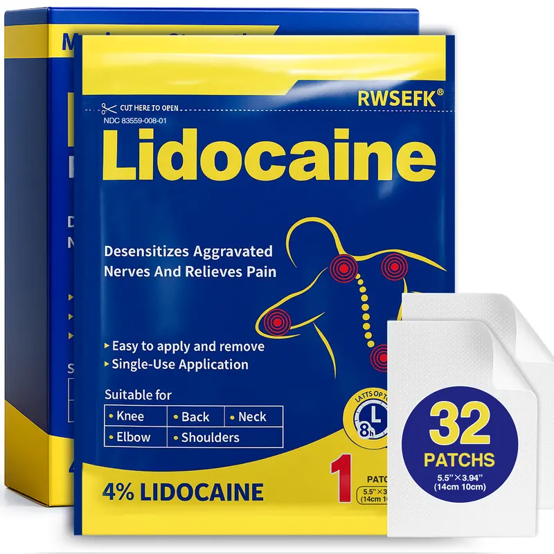 4% Lidocaine Pain Patches, Flexible Fit Odor-Free Daily Body Care Patches for Neck & Back Comfort, 3.9in x 5.5in, Up to 8 Hours Relief, 32pcs/Box, FSA or HSA Eligible, Travel & Gym Bag Compatible