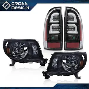 CROSSDESIGN Fit For 2005-2011 Toyota Tacoma Black Headlights & 3D LED Tube Bar Tail Lights