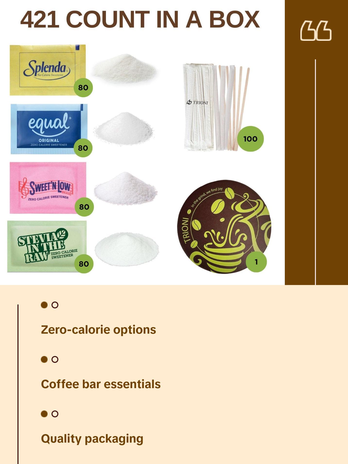 TRIONI Sweetener Assortment Pack - Stevia, Aspartame, Saccharin, and Sucralose with Stirrers and Coaster