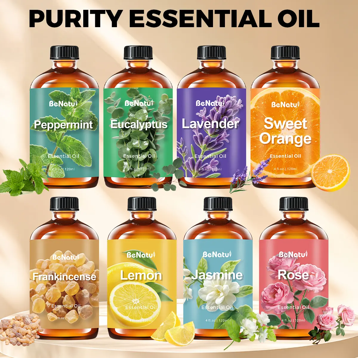 Benatu Essential Oils 4oz Lavender, Peppermint, Frankincense, Eucalyptus, Rose, Lemon, Jasmine For Flavored Air, Humidifiers, Diffusers, Home Fragrances