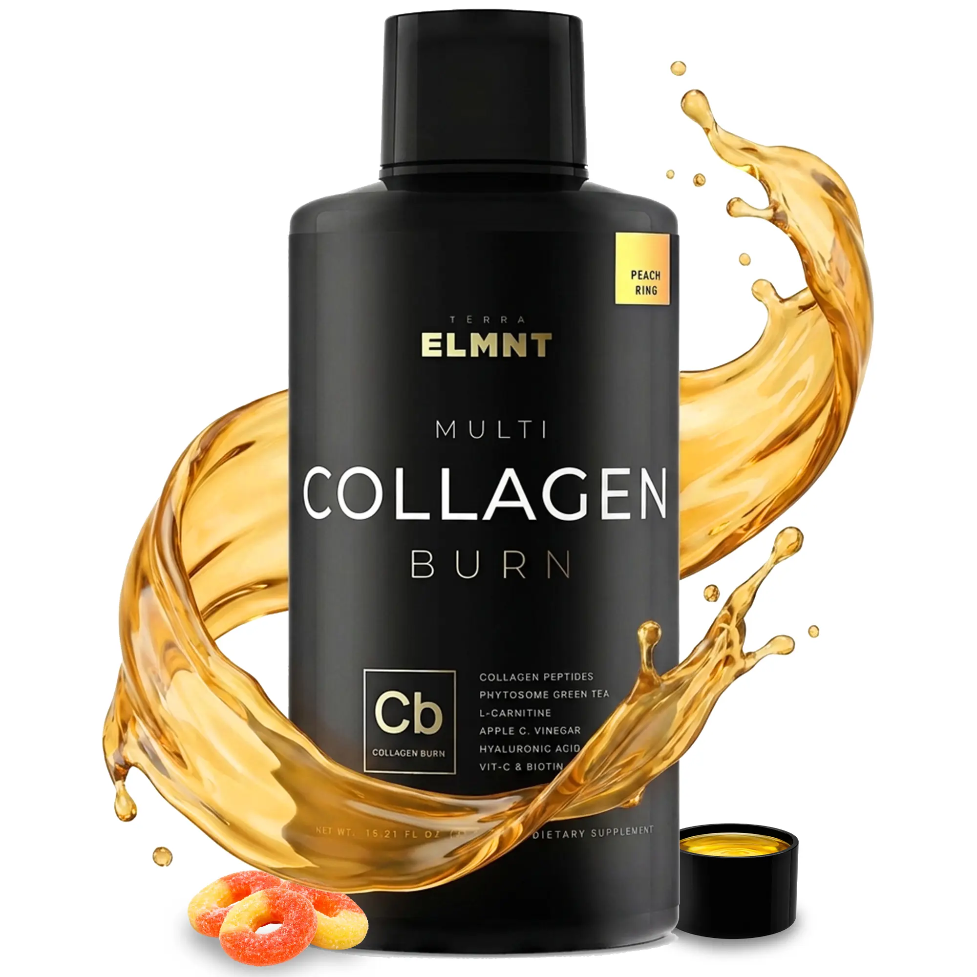 TERRA ELMNT Liquid Collagen | Peach Flavor for Daily Use | Liquid Shot with Multi Collagen, Biotin, Hyaluronic Acid, Vitamin C & Apple Cider Vinegar