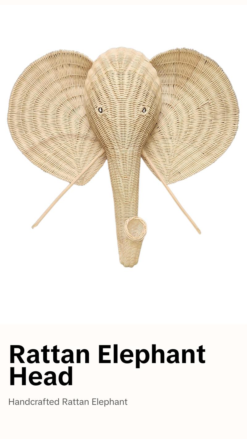 WorldBazzar HUGE Handmade 32" RATTAN ELEPHANT Wicker Head Wall Décor Home Trophy Animal Taxidermy Kids Room Sculpture