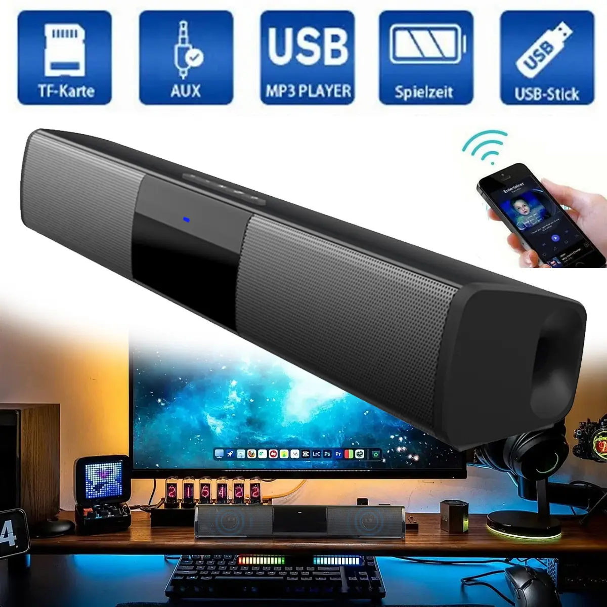 Home Theater Surround Sound Bar Speaker System Wireless Bluetooth Subwoofer 2 x 5W Stereo Speaker with IPX4 Water-Resistant Design and 2000mAh Battery,back to school,back to school haul