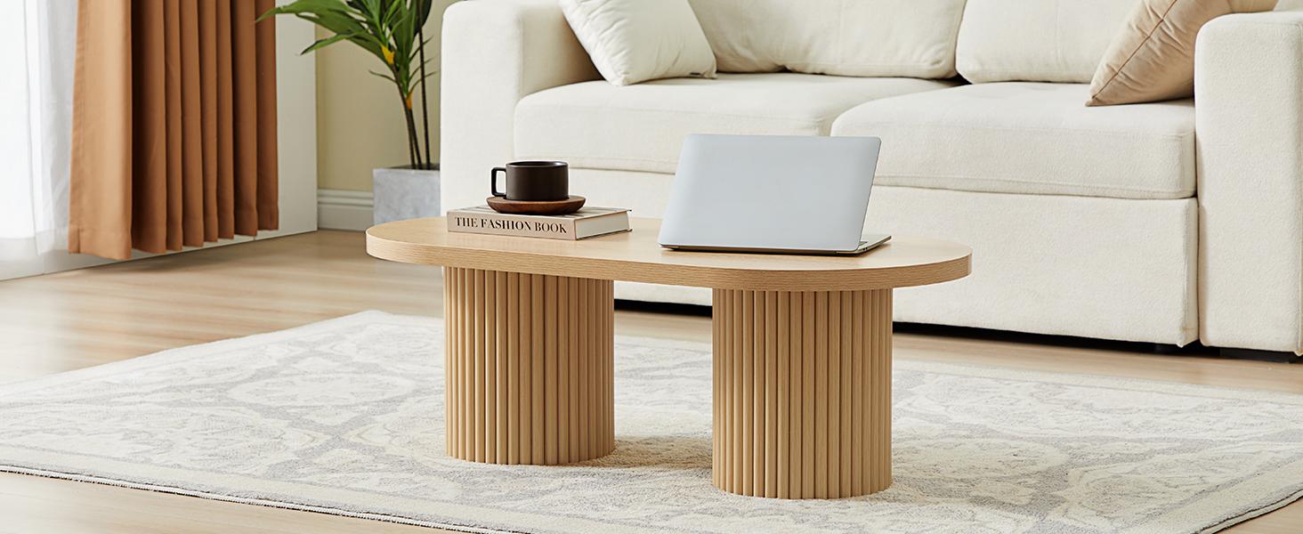 Giratree 39.38" Fluted Oval Coffee Table for Living Room, Boho Modern Coffee Table with Fluted Legs, Curved Round Wood Center Table for Home, Small Spaces, Office