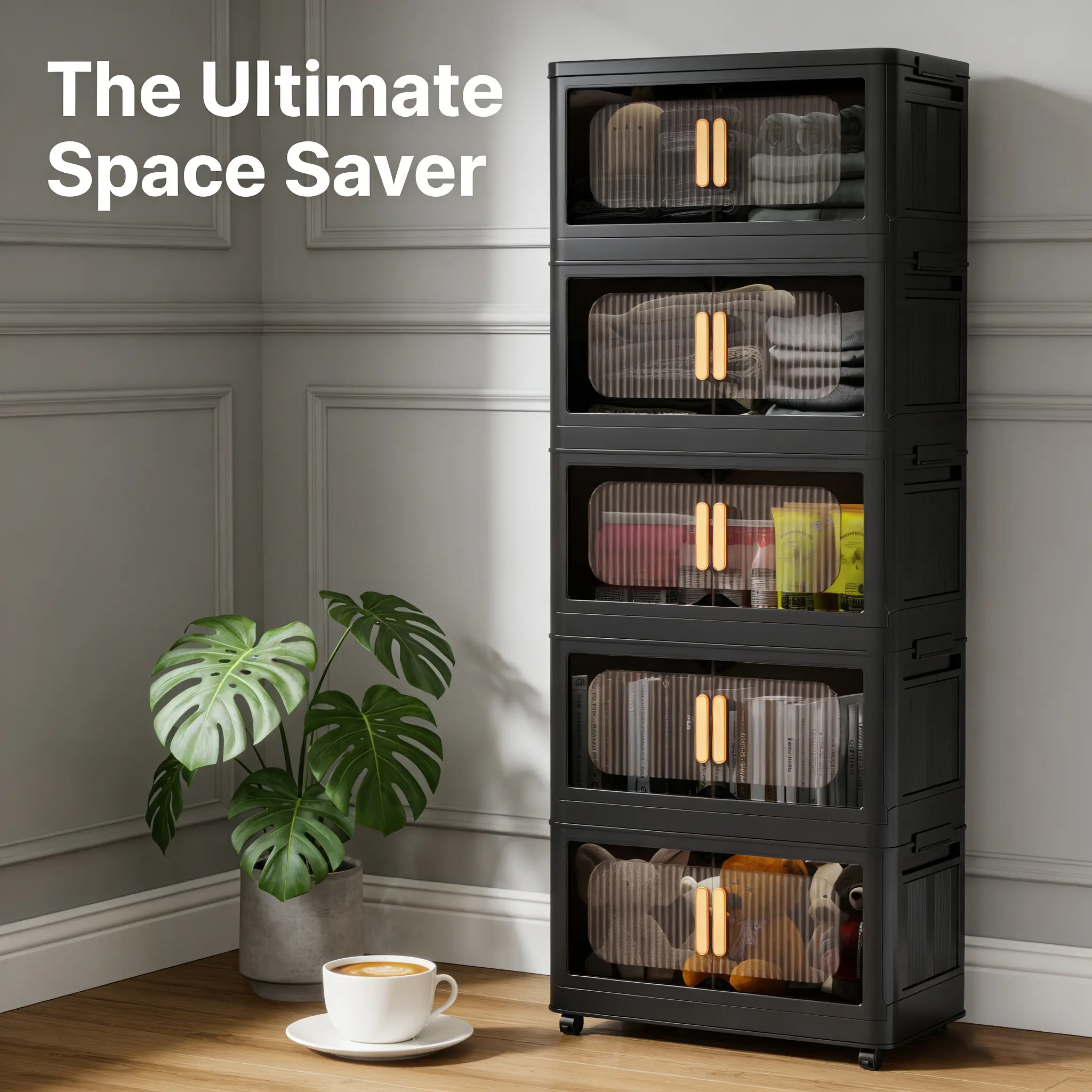 Plastic Stackable Storage Cabinet - Rectangular Multi-Tiered Organizer Boxes with Wheels, Handle, Collapsible Drawers, Easy Snap, Antitip Stability - Home Organizer for Parents’ Vanity & Storage Organization Needs