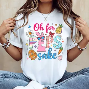 Oh For Peeps Sake Easter Bunny And Eggs Print T Shirt White Casual Loose Fit Tee For Women Spring Festival Party Wear