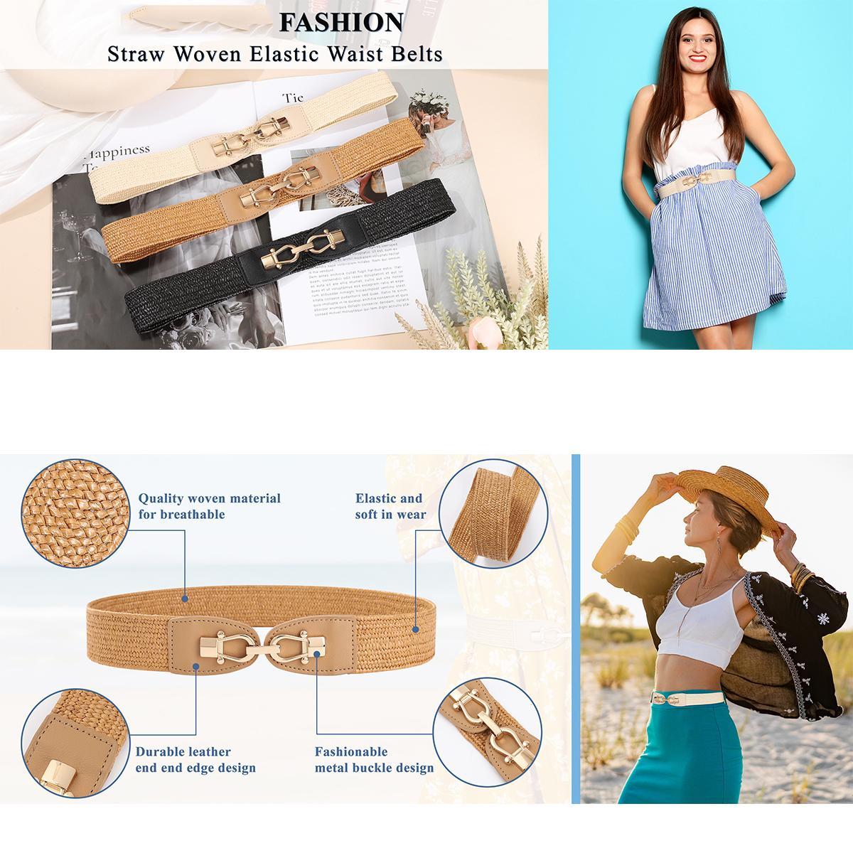 2-Piece Set Women Straw Belt Elastic Waist Metal Buckle Breathable Elegant Boho Braided Belt for Dress Casual 2-Piece Set Women Straw Belt Elastic Waist Metal Buckle Breathable Elegant Boho Braided Belt for Dress Casual