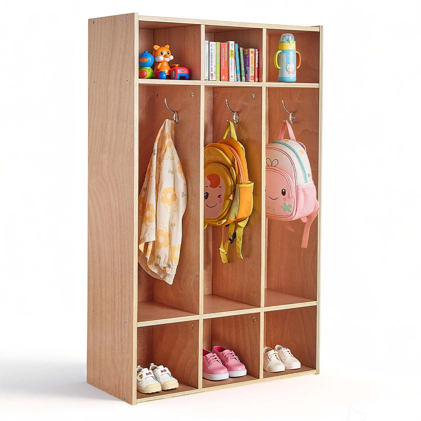 【SummerFinds】VEVOR 3-Section Kids Coat Locker Furniture, Stable Child-Friendly Height Wooden Cubby Organizer with 3 Coat Check Areas, 6 Hooks, Non-Slip Mat, 6 Small Open Boxes, Reinforced Base, Modern for Home Nursery Playrooms Interior, Children, Sturdy,