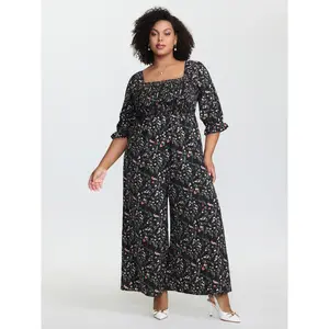 BLOOMCHIC Plus Size Floral Shirred Waist-Defining Jumpsuit [M-6X]2026 Summer Vibes