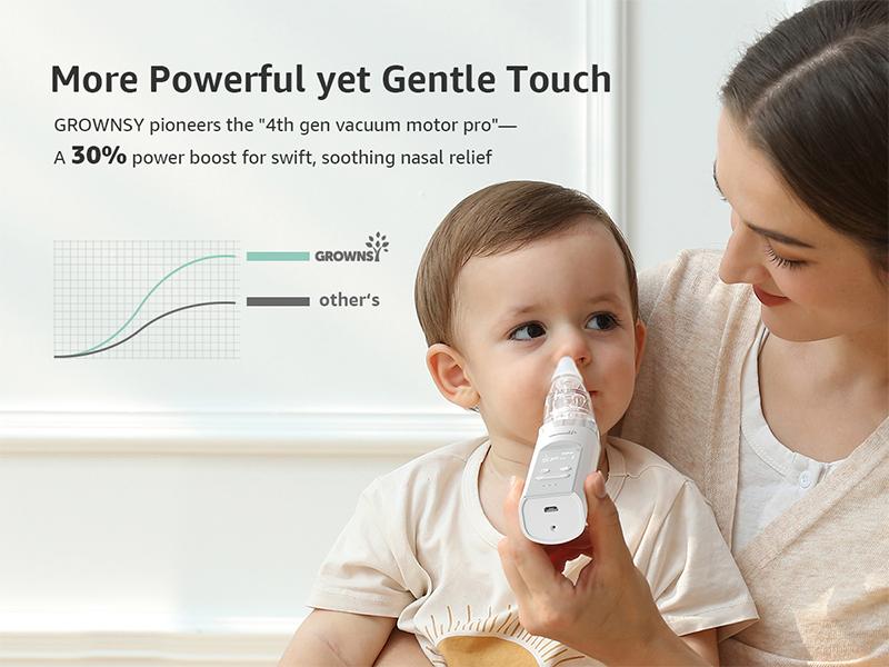 Growsy Electric Nasal Aspirator for Babies  Toddlers Gentle Nose Sucker with 3 Soft Silicone Tips Adjustable Suction Soothing Music & Light Safe Easy Automatic Mucus Removal Doctor Recommended