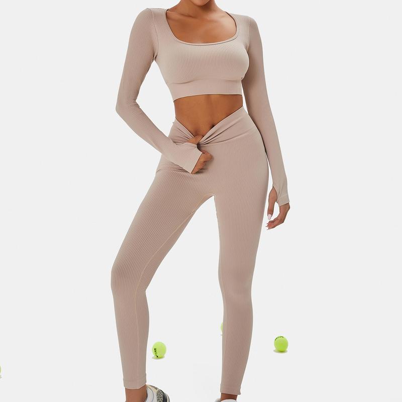 Women's Solid Seamless Long Sleeve Crop Top & Leggings Workout Exercise Tracksuit Set Active Set Ribbed Square Neck Tee & Yoga Pants Skinny Tummy Control Sports T-Shirt & High Rise Hip Lift Leggings Women's Sportswear for Gym Running