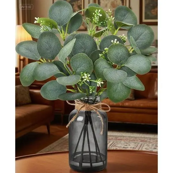 13.5" Plastic Artificial Eucalyptus Stems in Black Glass Vase with Faux Water, Sage Green Fake Greenery for Home Office Table Centerpiece, No-Maintenance Reusable Decorative Ornaments