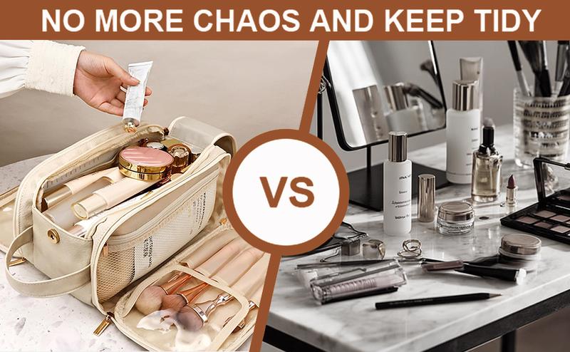 Large Capacity Cosmetic Organizer ,Travel Makeup Bag Organizer, Large Capacity Toiletry Bags for Traveling, Flat Open Waterproof PU Leather Cosmetic Bag with Compartments and Handles