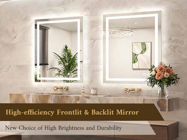 TETOTE LED Bathroom Mirror with Front & Back Lights, Stepless Dimming, 3 Light Colors, Anti-Fog & Smart Memory, Shatterproof Tempered Glass, Plug-in/Hardwired