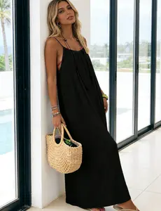 Spaghetti Strap Dress, Spaghetti Strap Dresses for Women, Women's Solid Color Backless Cami Dress, Casual Sleeveless Dress for Summer, Ladies Clothes for Beach Holiday Vacation