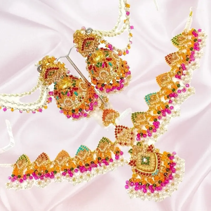 Desi Bollywood Beautiful Multi Gold Stones & Pearls Work MathaPatti Head Piece and Jhumkas with Side Layers for Festive Wear