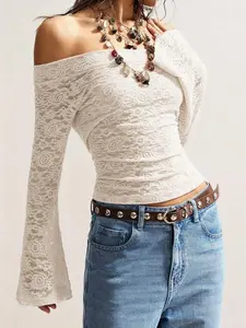 Vcay Bohemela Boho Vintage Casual Solid Color Knit Lace Off Shoulder Flare Sleeve Fitted Women Top